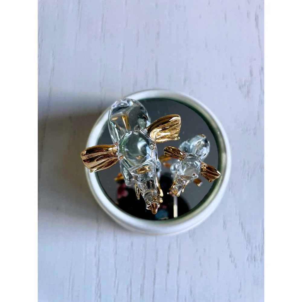 Vintage Glass Elephant Family Music Box White Gold Tone Mirror Base Plays Tune